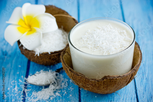 Coconut panna cotta, delicious creamy dessert in a glass in a hawaiian style