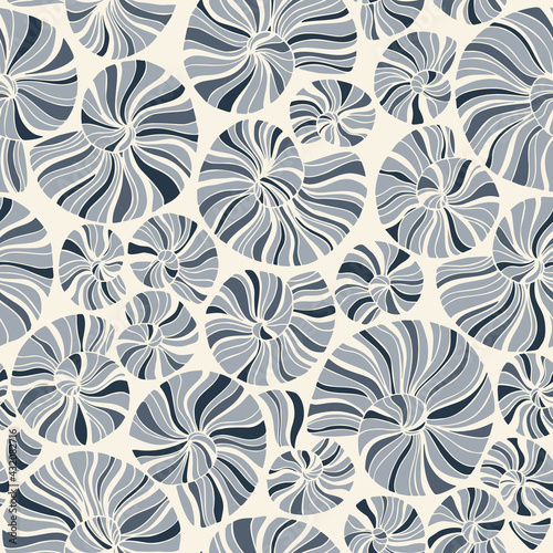 Hand-Drawn Doodle Sea Shells and Fossils Vector Seamless Pattern. Summer Beach Seaside Print. Ocean Fashion Textile Monochrome Blue,White Background. Seashore Elements Texture for Fabrics, Wallpaper