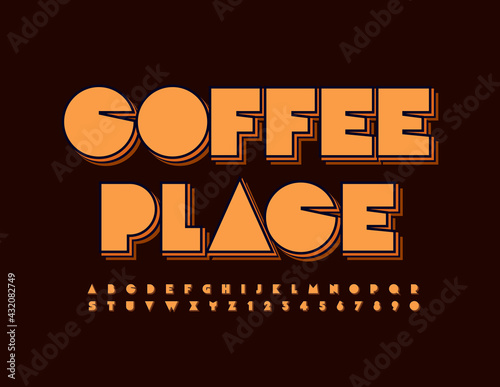 Vector creative emblem Coffee Place with Abstract style Font. Layered Alphabet Letters and Numbers set