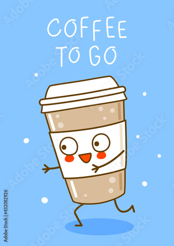 Cute coffee cup on blue background - cartoon character for coffee to go