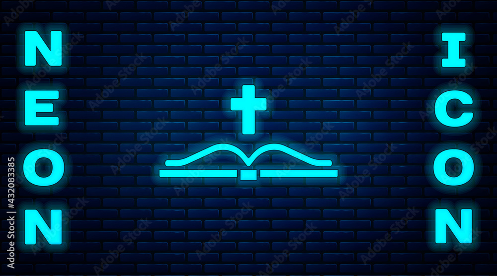 Glowing neon Holy bible book icon isolated on brick wall background. Vector Glowing neon Holy bible book icon isolated on brick wall background. Vector