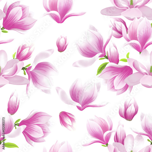Pink Magnolia flower blossom illustration seamless pattern on white