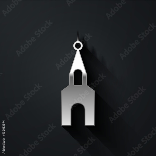 Silver Church building icon isolated on black background. Christian Church. Religion of church. Long shadow style. Vector