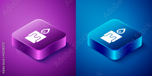 Isometric Burning candle icon isolated on blue and purple background. Cylindrical candle stick with burning flame. Square button. Vector