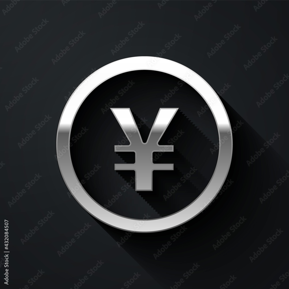 Obraz premium Silver Chinese Yuan currency symbol icon isolated on black background. Coin money. Banking currency sign. Cash symbol. Long shadow style. Vector