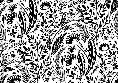 Seamless black silhouette of natural pattern with herbs and flowers of the fields. Wallpaper with prints pf dandelions, wormwood, fennel and buttercups. Fabric with plants. Vector background
