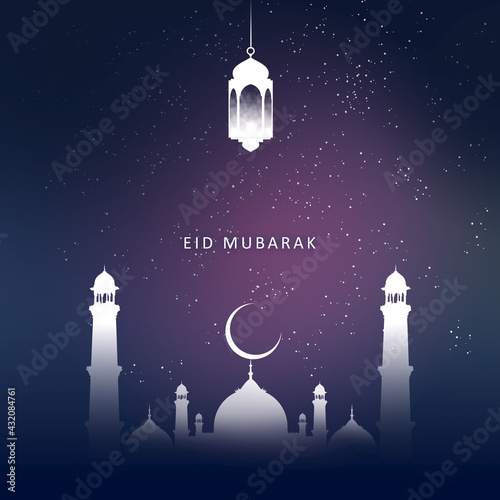 Eid Mubarak Islamic Design Crescent Moon Starry Night and Mosque Illustration 