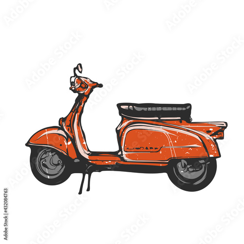 Old red scooter, vector emblem, hand graphics