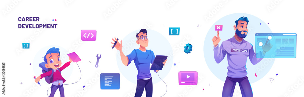 Career development in design from kid to designer and leader. Education, work progress and professional boost in creative job. Vector cartoon illustration of boy and man with graphic tablet