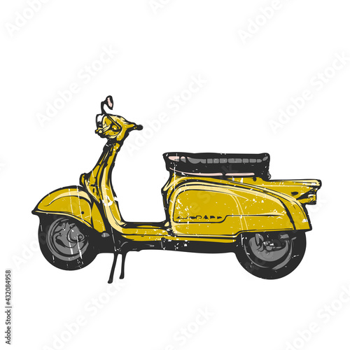 Old yellow scooter, vector emblem, hand graphic
