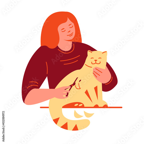 Pet grooming concept. A young woman cuts a cat's fur. Vector illustration in flat style. Isolated on a white background.