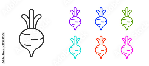 Black line Fresh beet with leaf icon isolated on white background. Natural Root. Vegetable Ingredient for food. Set icons colorful. Vector