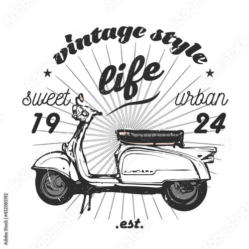 Old scooter, vintage vector emblem, hand graphic