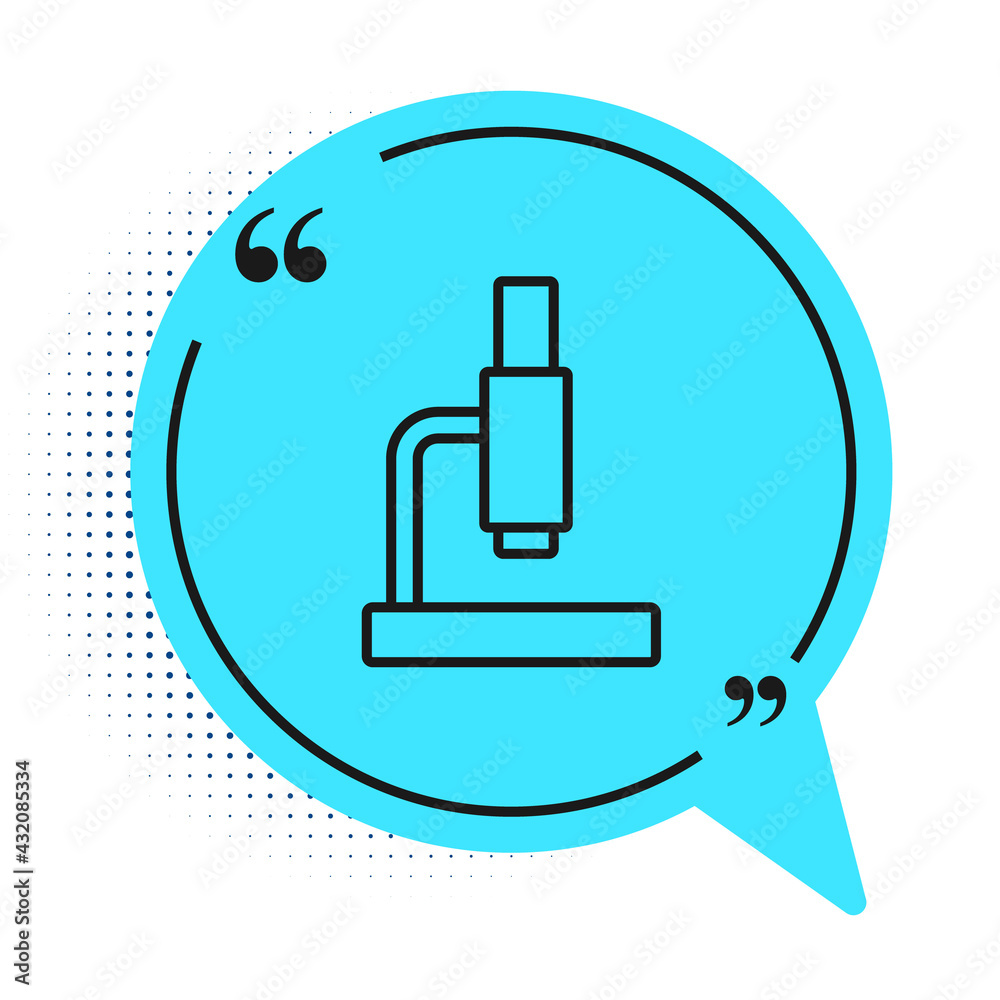 Black line Microscope icon isolated on white background. Chemistry, pharmaceutical instrument, microbiology magnifying tool. Blue speech bubble symbol. Vector Black line Microscope icon isolated on white background. Chemistry, pharmaceutical instrument, microbiology magnifying tool. Blue speech bubble symbol. Vector