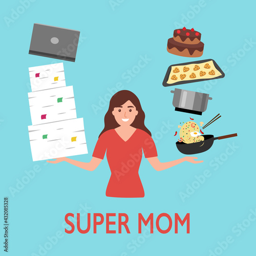 Super mom working on documents, computer for office work and also doing housework, cooking. Multitasking mother.