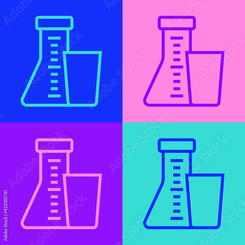 Pop art line Test tube and flask chemical laboratory test icon isolated on color background. Laboratory glassware sign. Vector