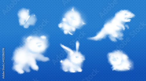 White clouds in shape of cute animals in blue sky. Baby bear, cat, little pig, dinosaur, butterfly and rabbit silhouettes isolated on transparent background. Vector realistic soft fluffy clouds
