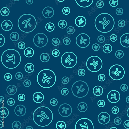 Green line Pi symbol icon isolated seamless pattern on blue background. Vector