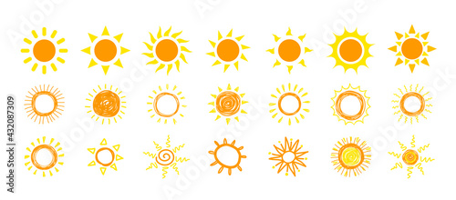 Funny vector doodle suns. Hand drawn icons vector symbol set.