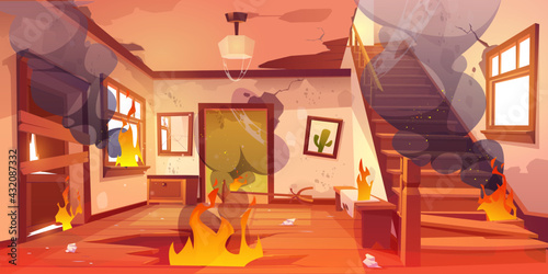 Old abandoned house on fire. Flame and black smoke clouds inside home. Vector cartoon interior of burning home hallway with dirty walls, boarded up door, garbage, broken wooden staircase and floor