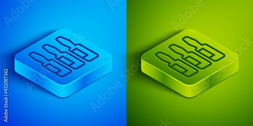 Isometric line Medical vial, ampoule, bottle icon isolated on blue and green background. Vaccination, injection, vaccine healthcare concept. Square button. Vector