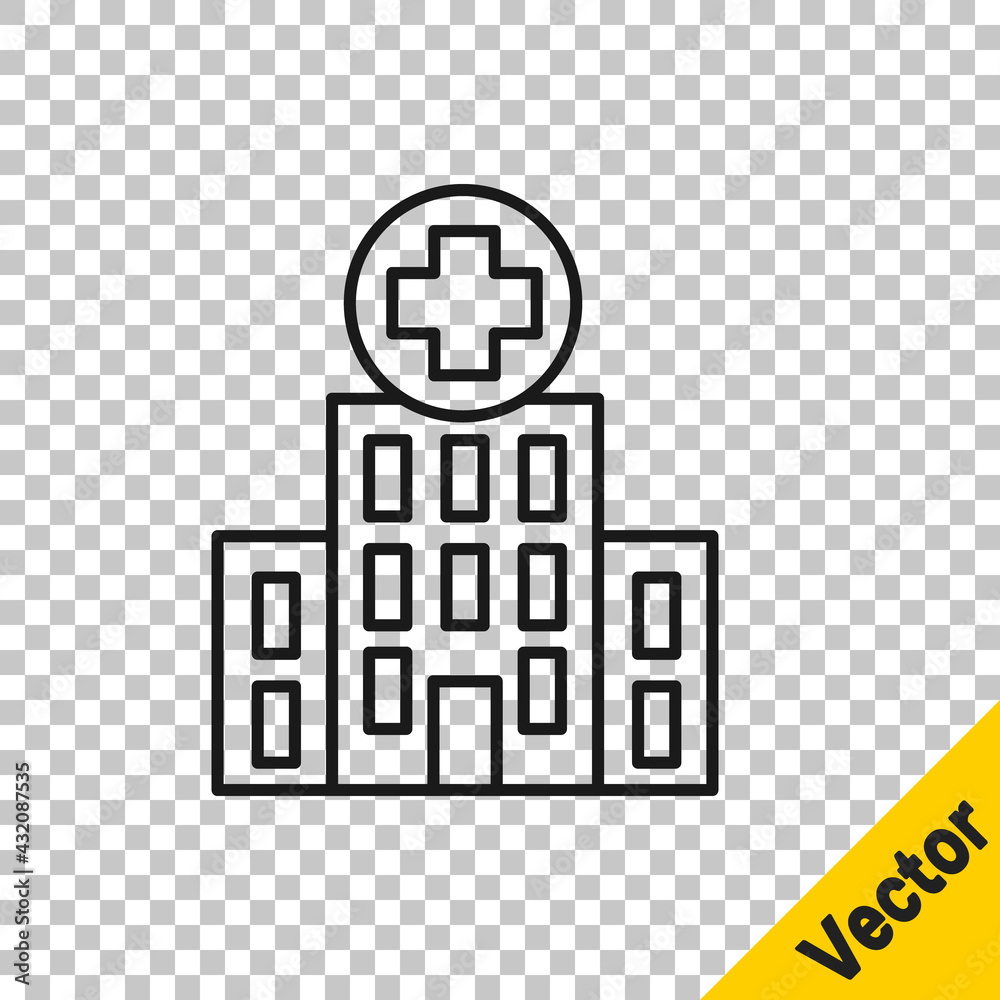 Black line Medical hospital building with cross icon isolated on transparent background. Medical center. Health care. Vector