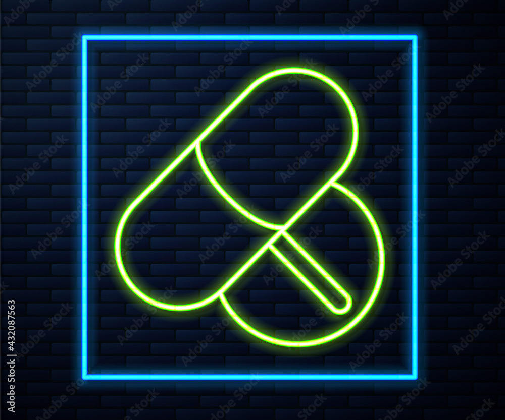 Glowing neon line Medicine pill or tablet icon isolated on brick wall background. Capsule pill and drug sign. Pharmacy design. Vector Glowing neon line Medicine pill or tablet icon isolated on brick wall background. Capsule pill and drug sign. Pharmacy design. Vector
