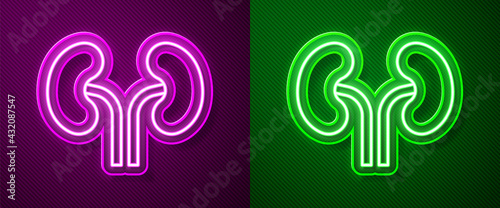 Glowing neon line Human kidneys icon isolated on purple and green background. Vector