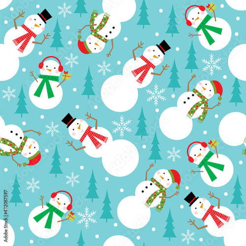 snowman seamless pattern design on blue background