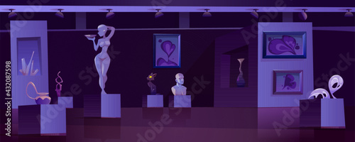 Museum with modern artworks at night. Art gallery interior with contemporary exhibition. Vector cartoon illustration of exposition with abstract paintings, sculptures, vase and statue in dark room