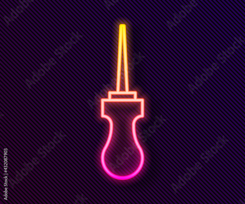 Glowing neon line Awl tool with wooden handle icon isolated on black background. Work equipment tailor industry. Vector