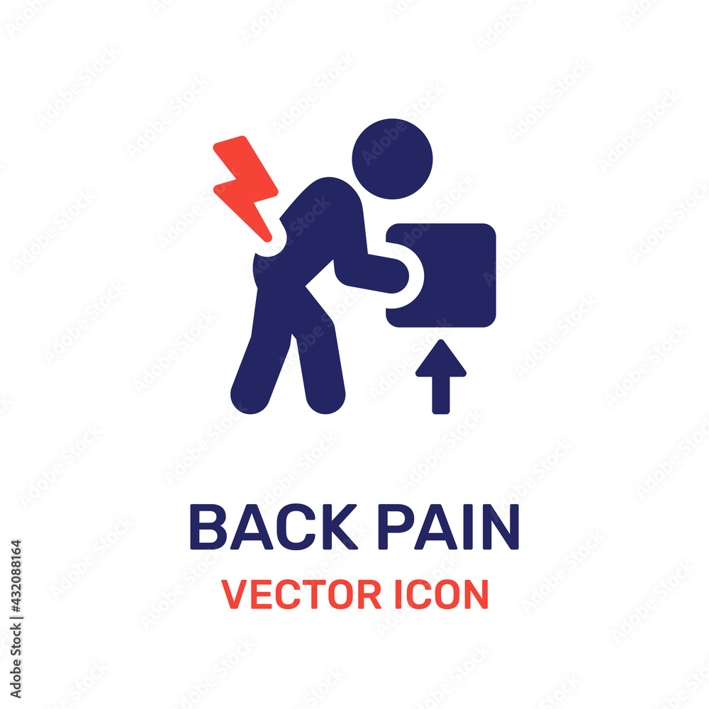 Person lifting heavy object and get back pain. Backache icon symbol