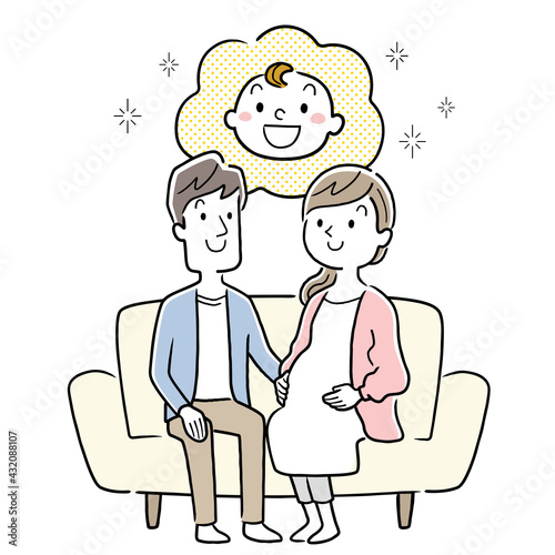 ベクターイラスト素材：ソファーに座る妊婦の妻と夫、夫婦
