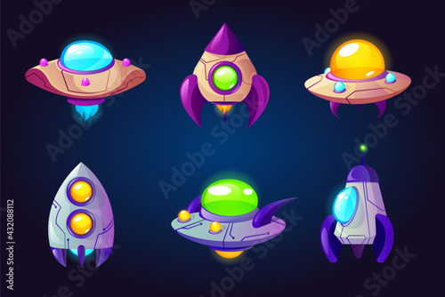 Rockets, ufo and spaceships isolated on blue background. Vector cartoon futuristic design of different shuttles in cosmos, flying saucer, unidentified rocketships and satellites