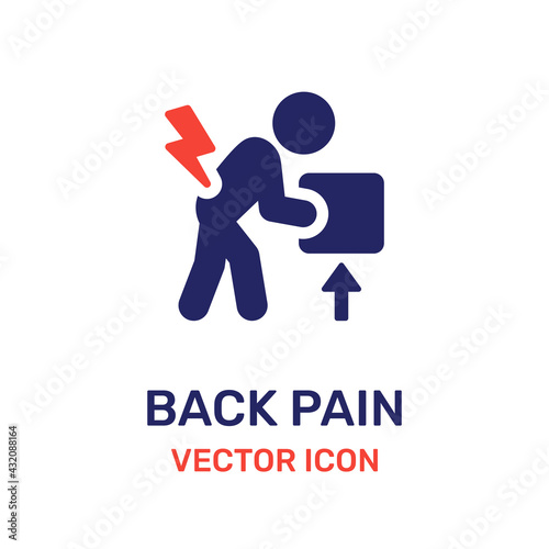 Person lifting heavy object and get back pain. Backache icon symbol