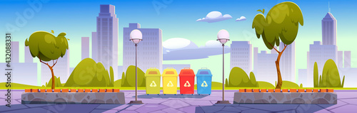 City park with recycling bins for sorting waste, garbage separation to protect environment. Summer landscape, cityscape background, public place with trees for recreation. Cartoon vector illustration