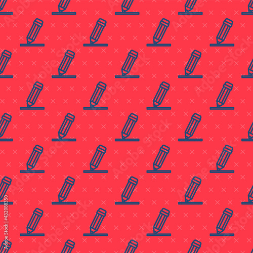 Blue line Pencil with eraser icon isolated seamless pattern on red background. Drawing and educational tools. School office symbol. Vector