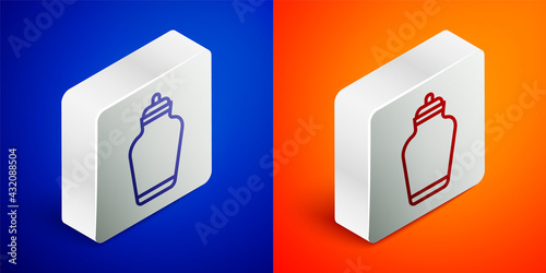 Isometric line Funeral urn icon isolated on blue and orange background. Cremation and burial containers, columbarium vases, jars and pots with ashes. Silver square button. Vector