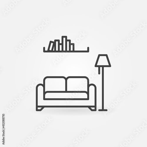 Sofa with Lamp and Booksshelf linear vector concept icon