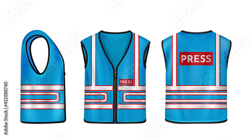 Blue safety vest for press with reflective stripes. Uniform for journalists, reporters and mass media workers. Vector realistic 3d waistcoat with reflectors in front, back and side view