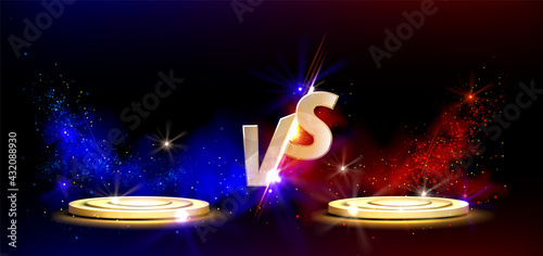 Versus screen design with golden podiums for game battles, sport competition and challenge. Vector template of headline with gold VS symbols and round platforms with red and blue glow and sparkles