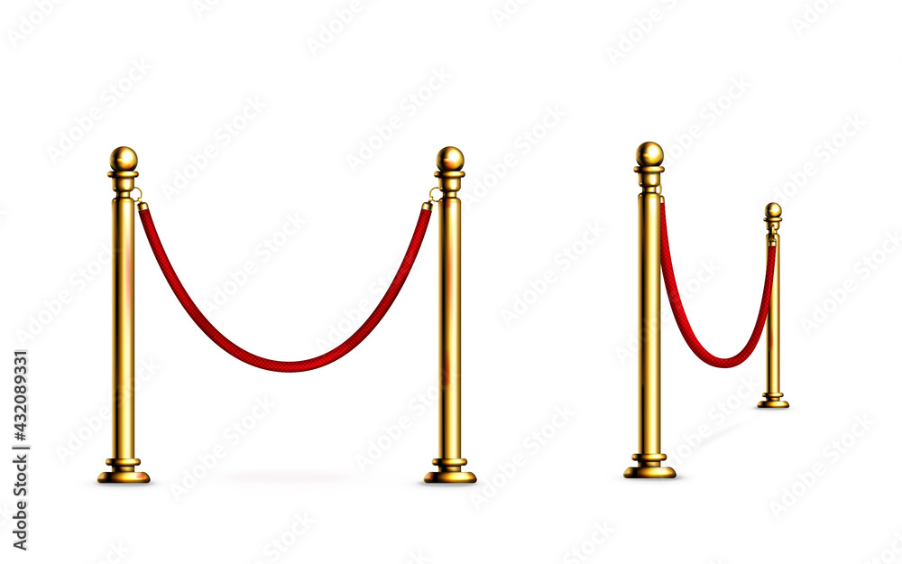 Barrier with rope and gold poles, fence for red carpet or vip event, museum or gallery stanchion, night club entrance security fencing isolated on white background, Realistic 3d vector illustration Barrier with rope and gold poles, fence for red carpet or vip event, museum or gallery stanchion, night club entrance security fencing isolated on white background, Realistic 3d vector illustration