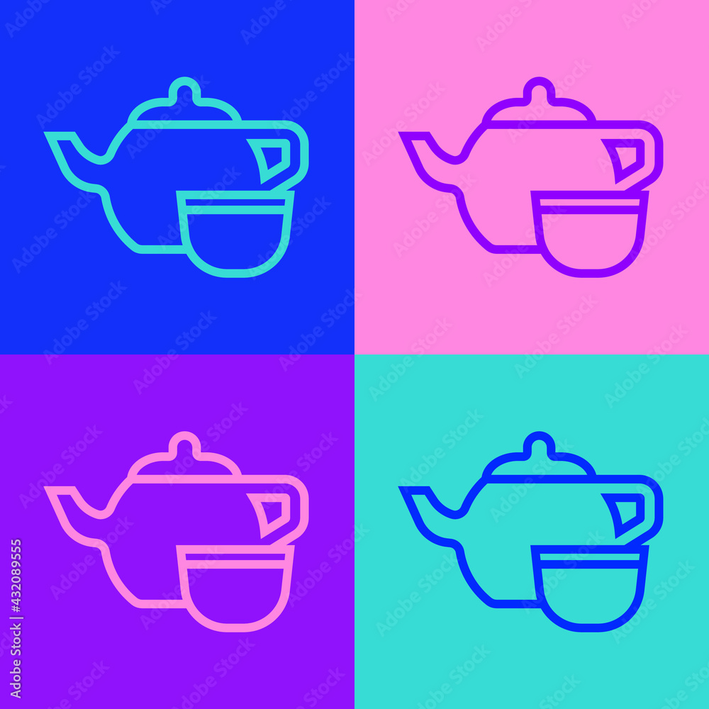 Pop art line Traditional Chinese tea ceremony icon isolated on color background. Teapot with cup. Vector Pop art line Traditional Chinese tea ceremony icon isolated on color background. Teapot with cup. Vector