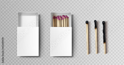 Matches in box, stages of burning from black firebrand head to charred burnt wooden stick, matchsticks with pink sulphur lying in open case isolated on transparent background, Realistic 3d vector set