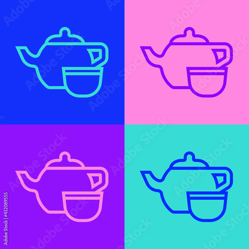 Pop art line Traditional Chinese tea ceremony icon isolated on color background. Teapot with cup. Vector