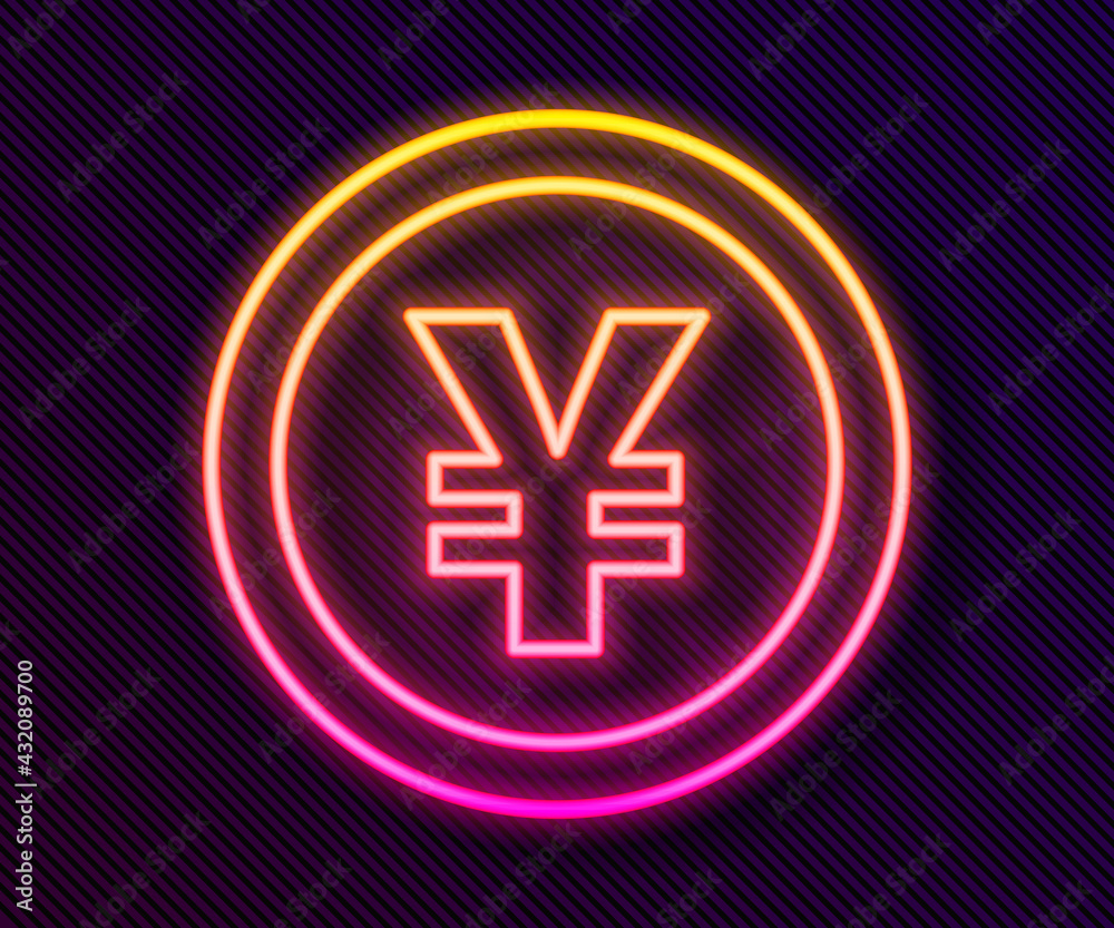 Obraz premium Glowing neon line Chinese Yuan currency symbol icon isolated on black background. Coin money. Banking currency sign. Cash symbol. Vector