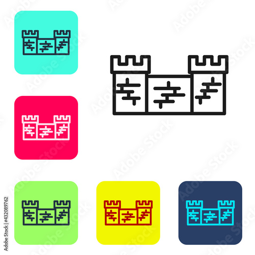 Black line Great wall of China icon isolated on white background. Set icons in color square buttons. Vector