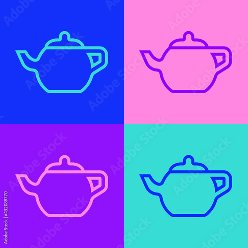 Pop art line Traditional Chinese tea ceremony icon isolated on color background. Teapot with cup. Vector