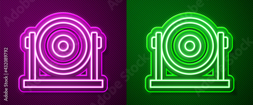 Glowing neon line Gong musical percussion instrument circular metal disc icon isolated on purple and green background. Vector