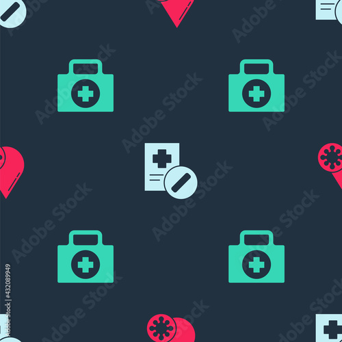 Set Blood test and virus, Medical prescription and First aid kit on seamless pattern. Vector
